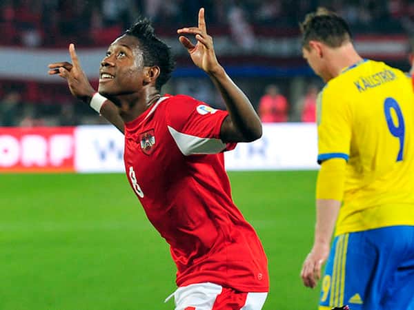 Austria's David Alaba reacts after scoring during a World Cup 2014 Group C qualifying soccer match between Austria and Sweden in Vienna, Austria, Friday, June 7, 2013. (AP Photo/Hans Punz)