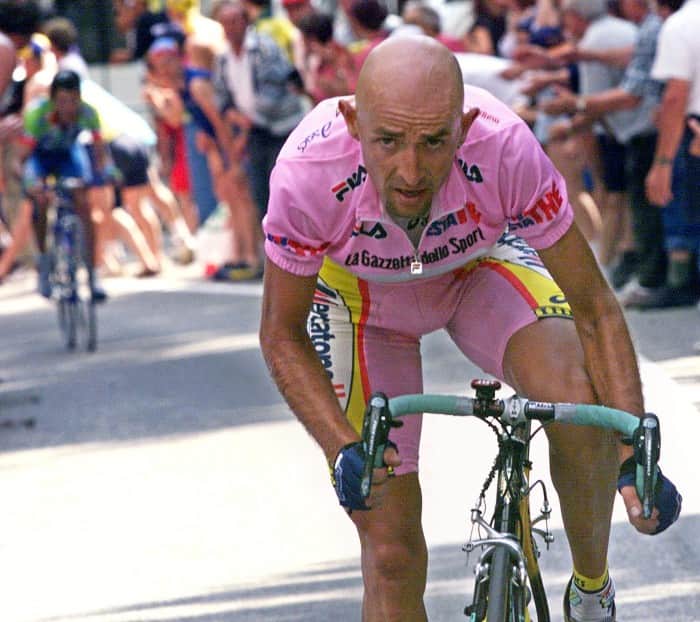 (Files) - Picture taken 03 June 1999 of Marco Pantani riding uphill during the 19th stage between Castelfranco Veneto and Alpe Di Pampeago during the 82nd Tour of Italy cycling race. Former Tour de France winner Marco Pantani was found dead 14 February 2004 in the Italian seaside resort of Rimini. AFP PHOTO PASCAL PAVANI
