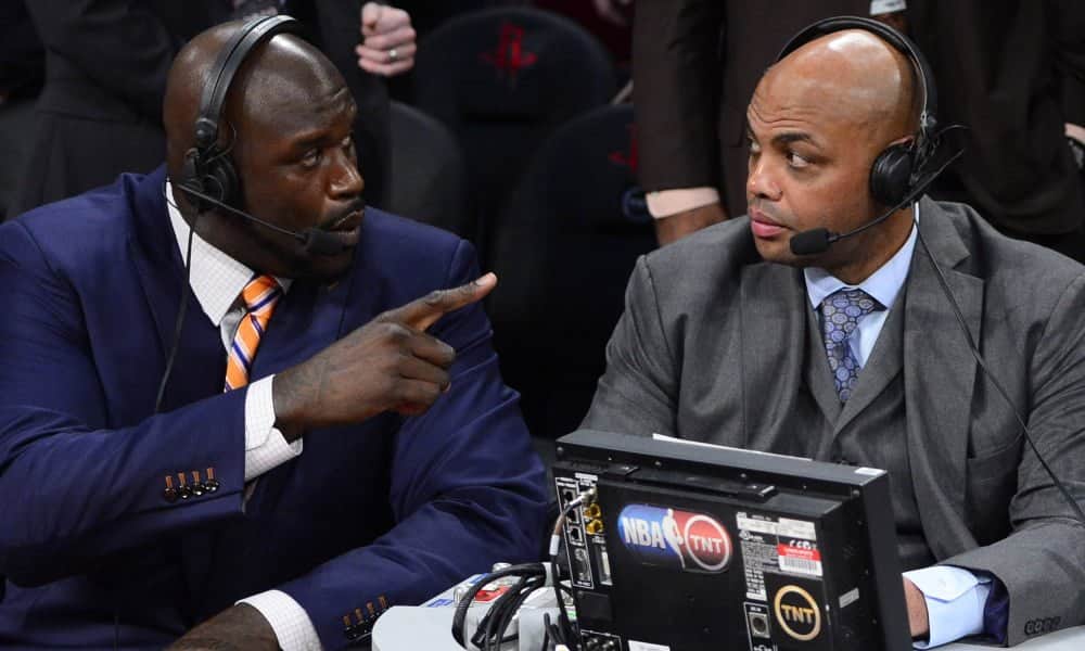 Feb 16, 2013; Houston, TX, USA; TNT broadcaster Shaquille O'Neal (left) and Charles Barkley talk during the 2013 NBA All-Star slam dunk contest at the Toyota Center. Mandatory Credit: Bob Donnan-USA TODAY Sports ORG XMIT: USATSI-128540 ORIG FILE ID: 20130216_ajl_sd2_142.jpg