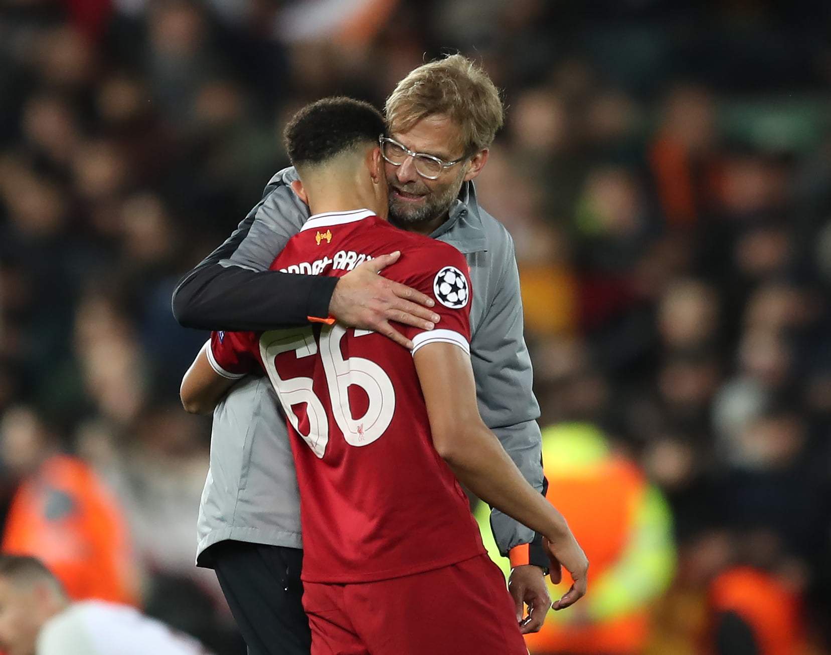 April 24, 2018 - Liverpool, United Kingdom - Trent Alexander Arnold of Liverpool hugged by manger Jurgen Klopp during the Champions League Semi Final 1st Leg match at Anfield Stadium, Liverpool. Picture date: 24th April 2018. Picture credit should read: Simon Bellis/Sportimage(Credit Image: © Simon Bellis/CSM via ZUMA Wire) FOT. ZUMAPRESS.com / NEWSPIX.PL POLAND ONLY !!! --- Newspix.pl *** Local Caption *** www.newspix.pl mail us: info@newspix.pl call us: 0048 022 23 22 222 --- Polish Picture Agency by Ringier Axel Springer Poland