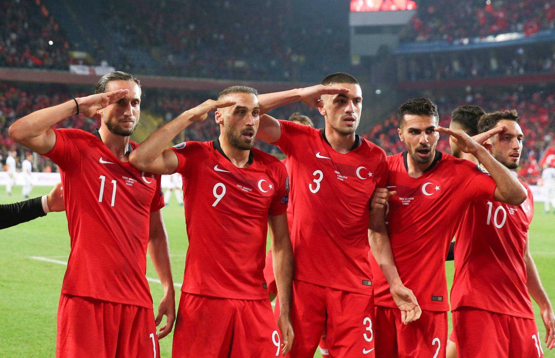 ISTANBUL, TURKEY - OCTOBER 11: Cenk Tosun (9) of Turkey salute with his teammates after scoring a goal during the UEFA Euro 2020 Qualifying round Group H group match between Turkey and Albania at the Ulker Stadium in Istanbul, Turkey on October 11, 2019. Emrah Yorulmaz / Anadolu Agency/ABACAPRESS.COM KWALIFIKACJE MISTRZOSTW EUROPY PILKA NOZNA SEZON 2019/2020 MECZ turcja VA ALBANIA FOT. ABACA/NEWSPIX.PL POLAND ONLY! --- Newspix.pl *** Local Caption *** www.newspix.pl mail us: info@newspix.pl call us: 0048 022 23 22 222 --- Polish Picture Agency by Ringier Axel Springer Poland