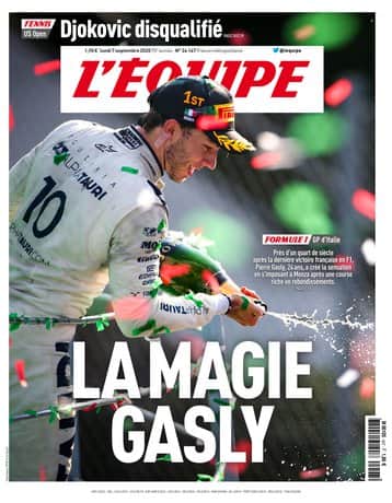 Pierre Gasly na okładce L'Equipe po wygranej na Monzy w Grand Prix Włoch 2020