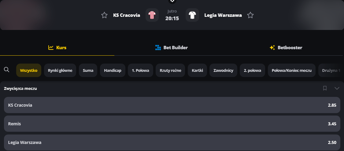 Cracovia - Legia Warszawa kursy